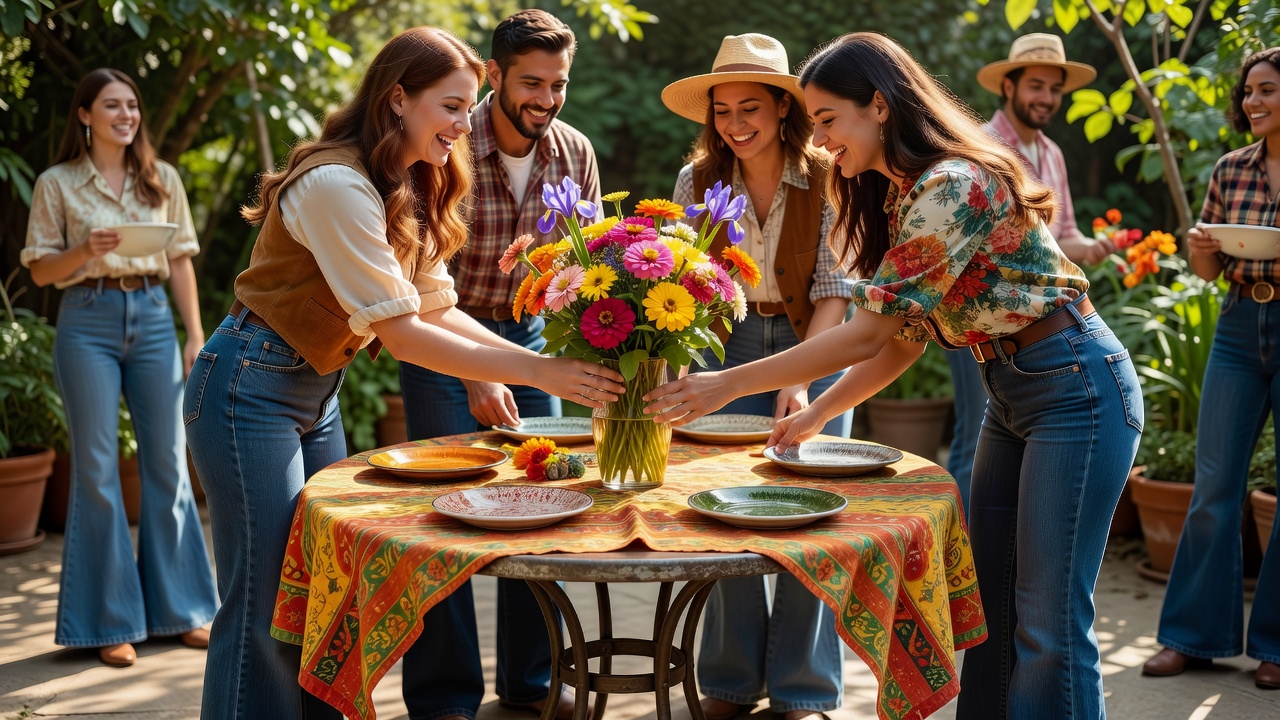 Friends setting a patio table with colourful flowers and a patterned cloth in natural daylight