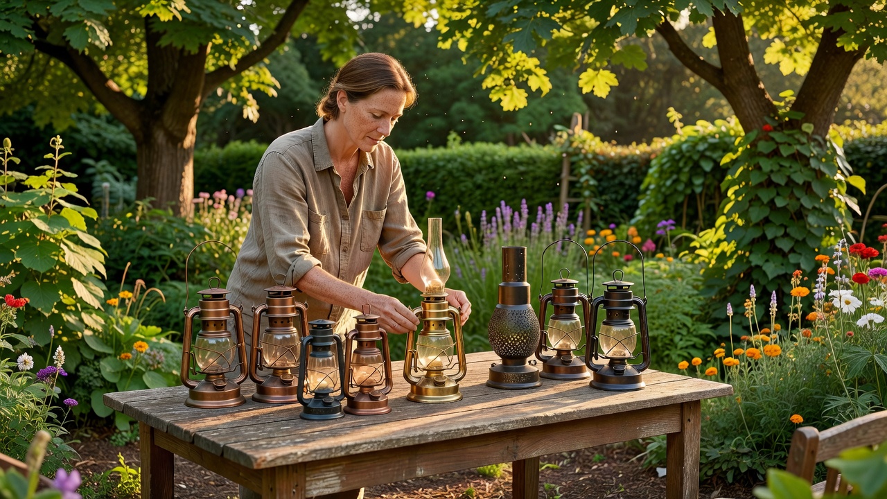 A person arranging outdoor lanterns on a garden table while natural evening light remains