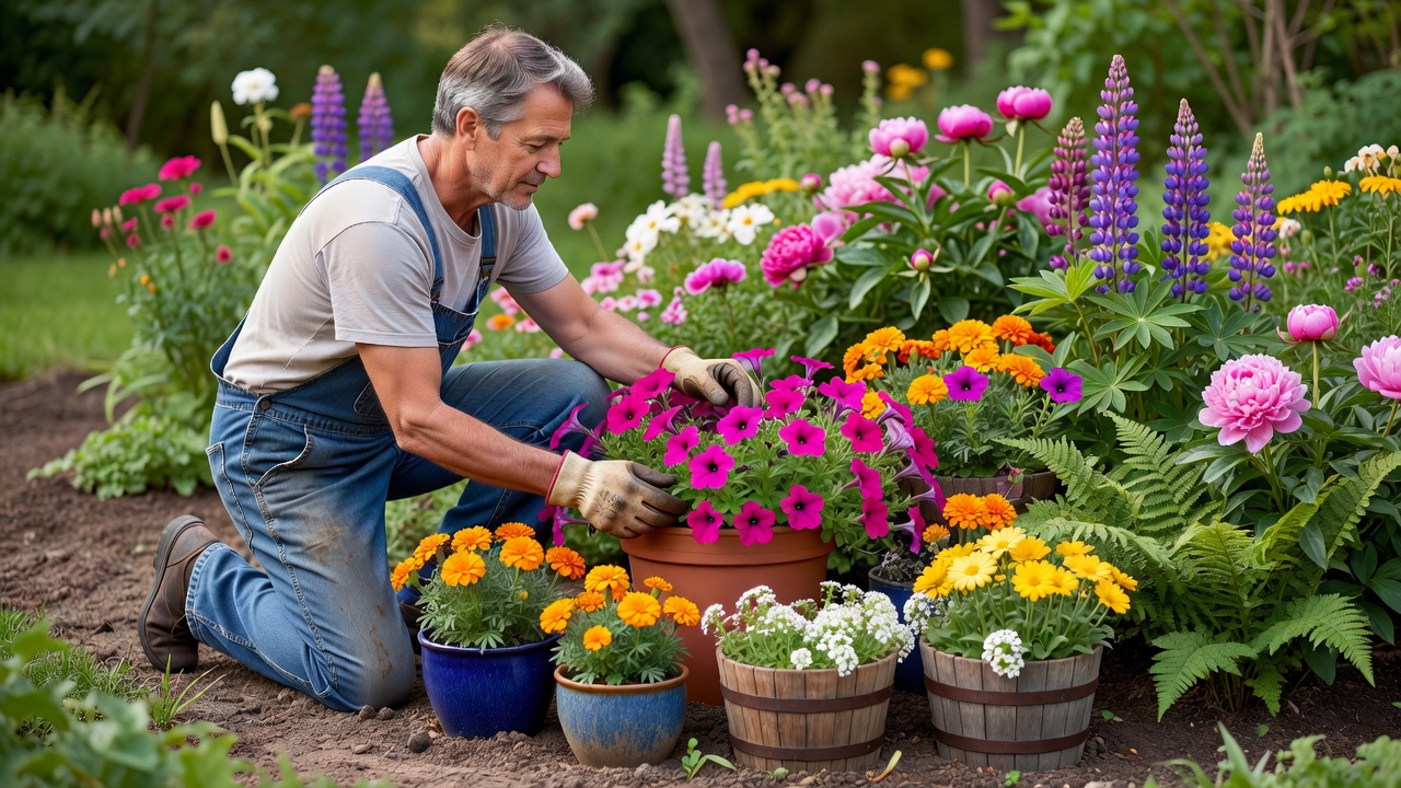 A gardener arranging flowering containers beside a planted border in natural daylight