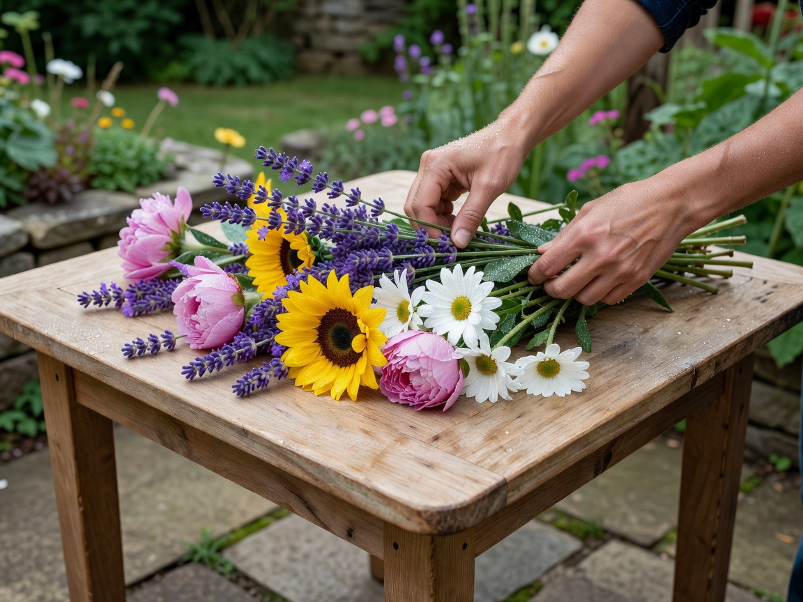 Hands arranging freshly cut garden flowers on a simple outdoor patio table