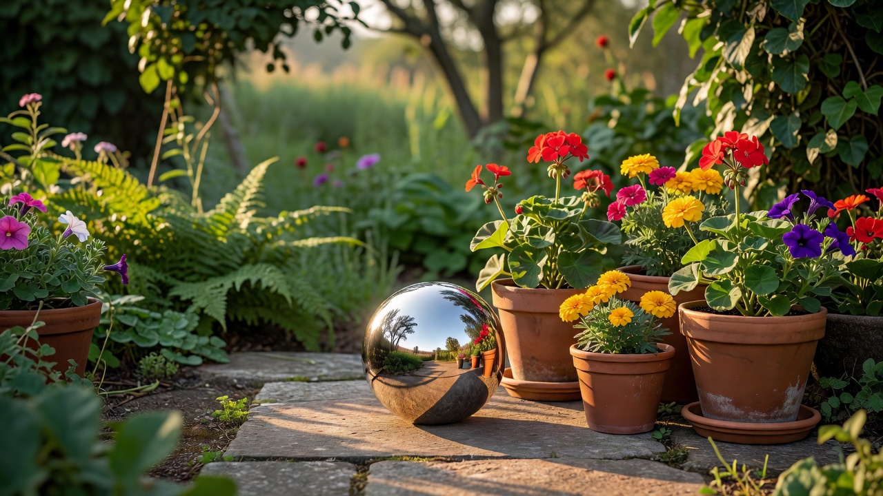A small reflective garden ornament positioned beside colourful flower pots in a real outdoor setting